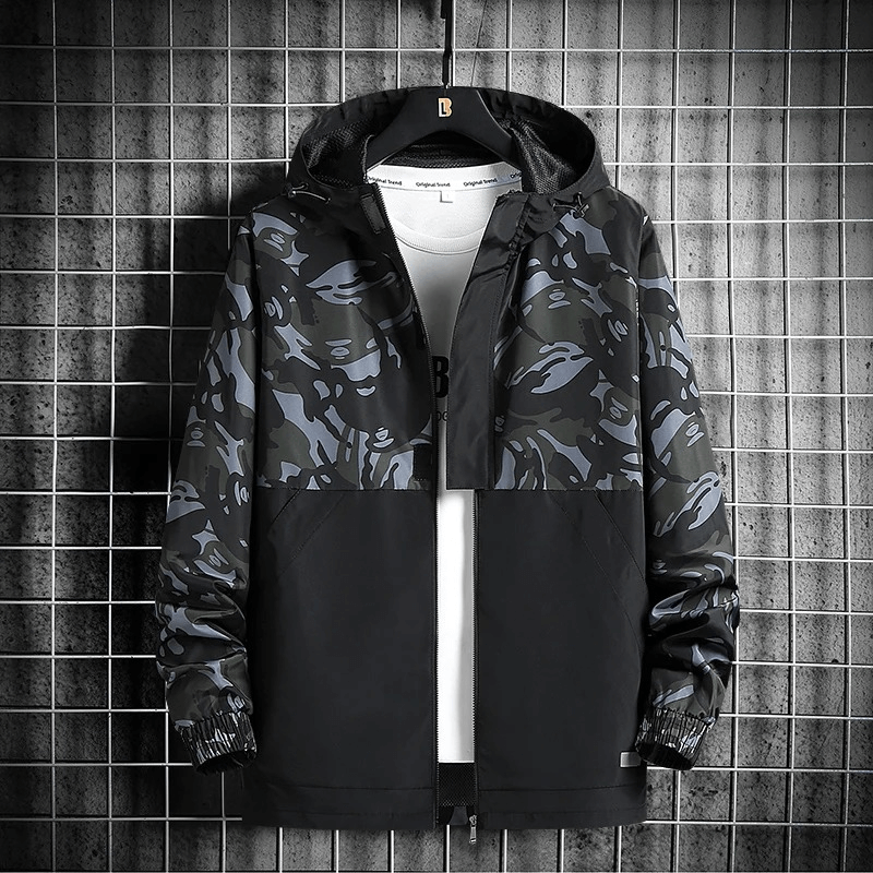 Men's camo print waterproof tactical jacket with hood, perfect for outdoor activities like hiking and camping. Model SF1980.